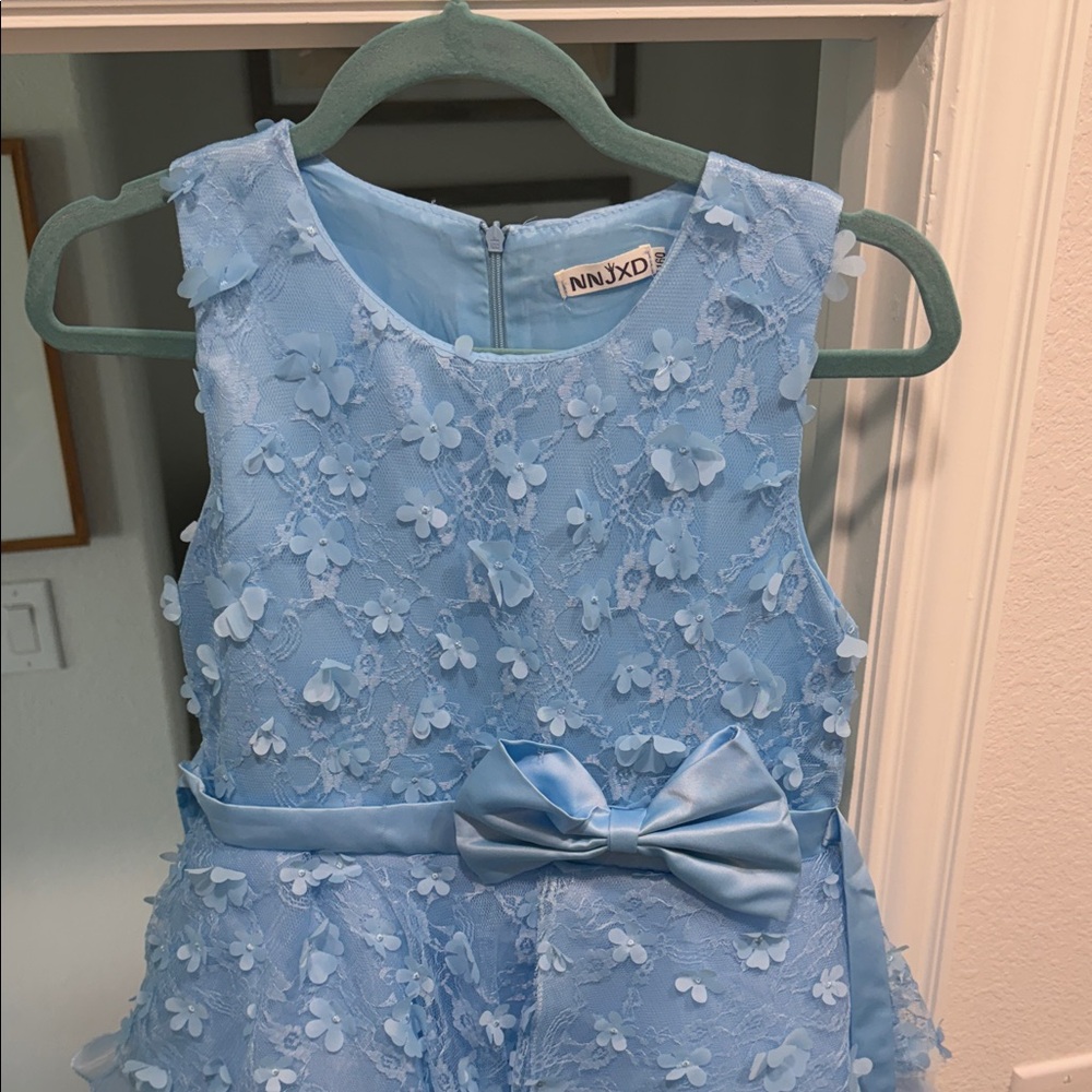 Light Blue Floral Lace Bow Kids Dress